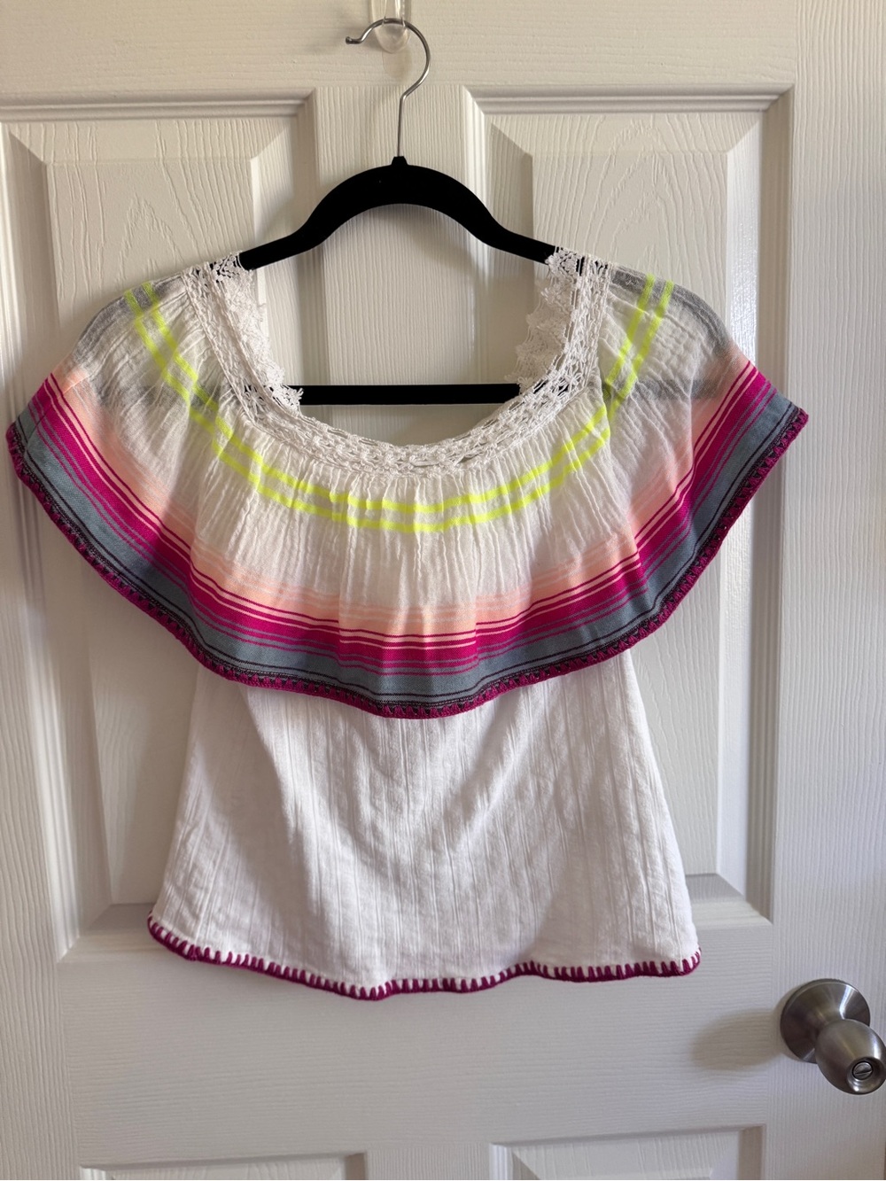 EUC Bloomingdales Banjara Women’s White Gauze Off-Shoulder Top- Neon Stripes- xs